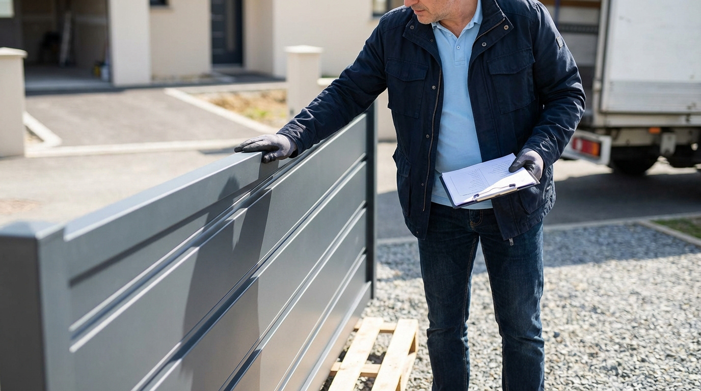 Un homme en veste et gants examine attentivement un portail en aluminium gris livré, tenant un presse-papiers.