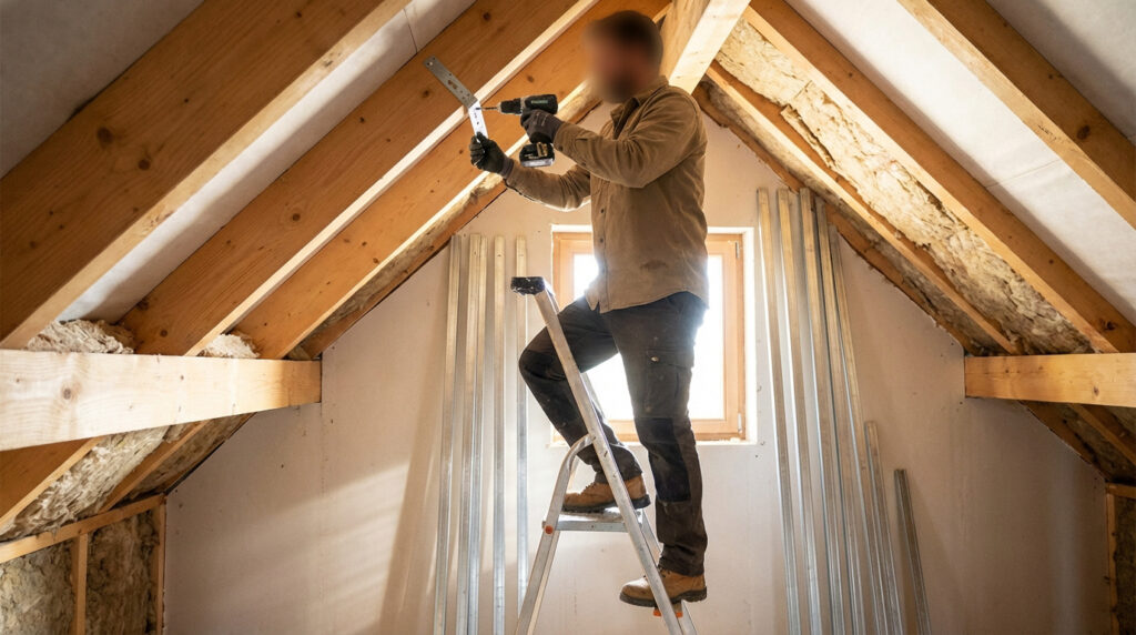 Un homme installe une suspente métallique sur un rampant de toit avec une perceuse, debout sur un escabeau dans un comble isolé.