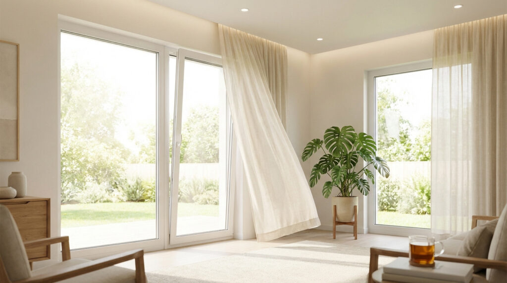 Vue intérieure d'un salon lumineux avec grande fenêtre PVC ouverte, un rideau léger flotte, laissant entrer l'air frais et la lumière.