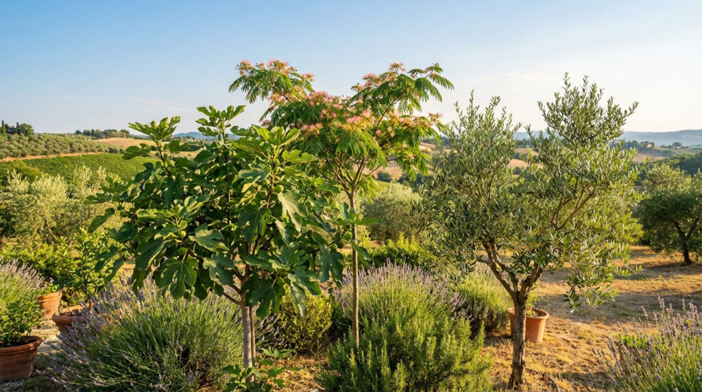 Trois arbres méditerranéens (figuier, albizia en fleur, olivier) dans un jardin avec lavande et vue sur des vignobles.