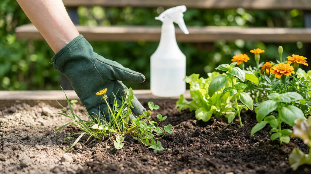 Main gantée de vert arrachant des pissenlits et trèfles dans un potager. Un pulvérisateur est visible près de plants de légumes.