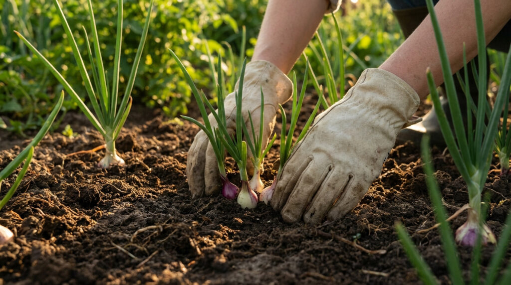Des mains gantées plantent des oignons bulbilles dans la terre d'un potager. Les jeunes pousses vertes sont visibles, sous un soleil doux.