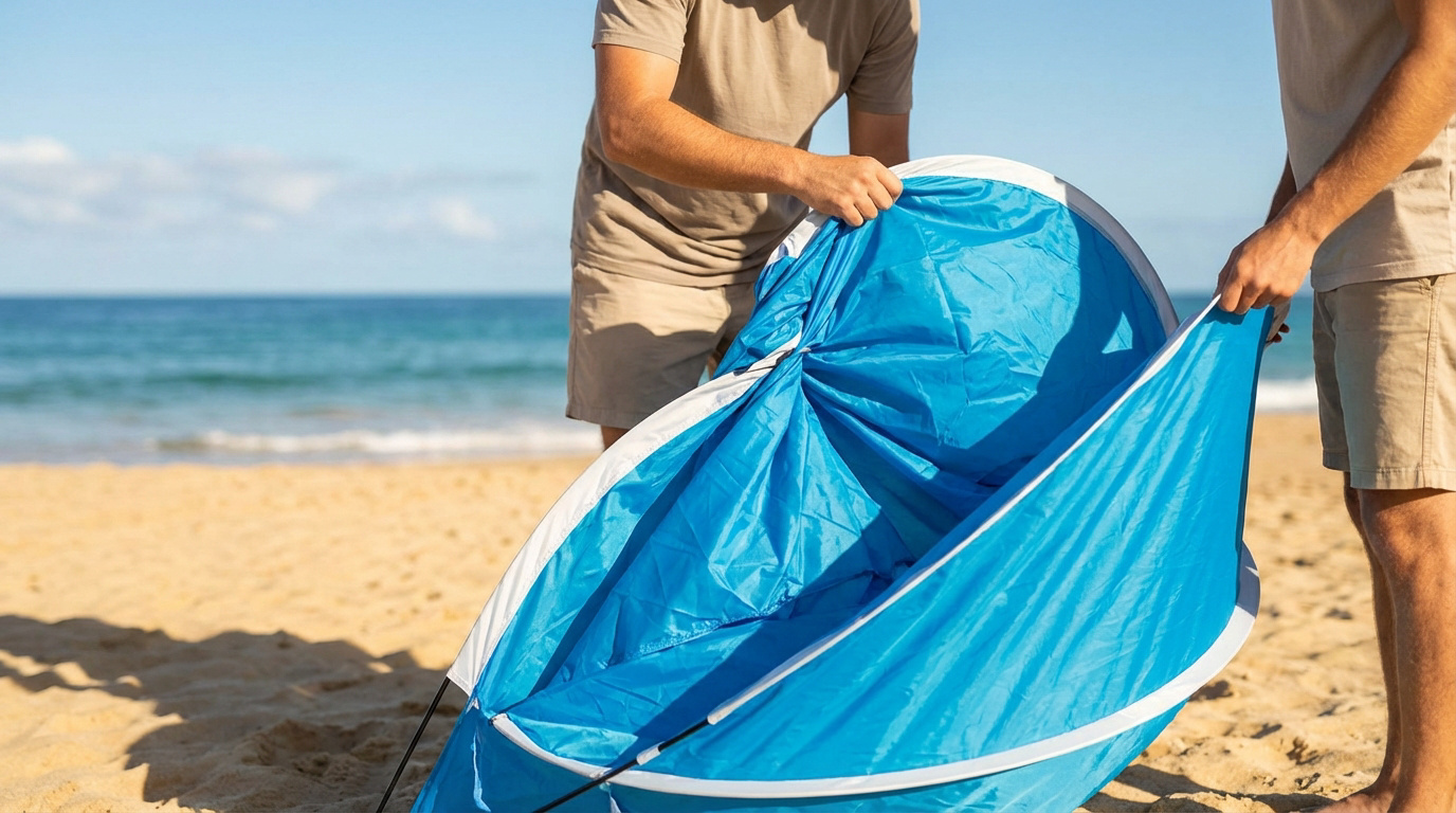 Deux personnes plient une tente de plage Quechua bleue et blanche sur le sable, avec l'océan et le ciel bleu en arrière-plan.