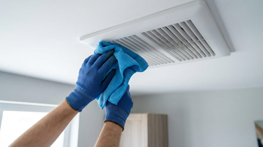 Personne avec gants bleus nettoyant une grille de VMC très sale au plafond avec un chiffon microfibre bleu.