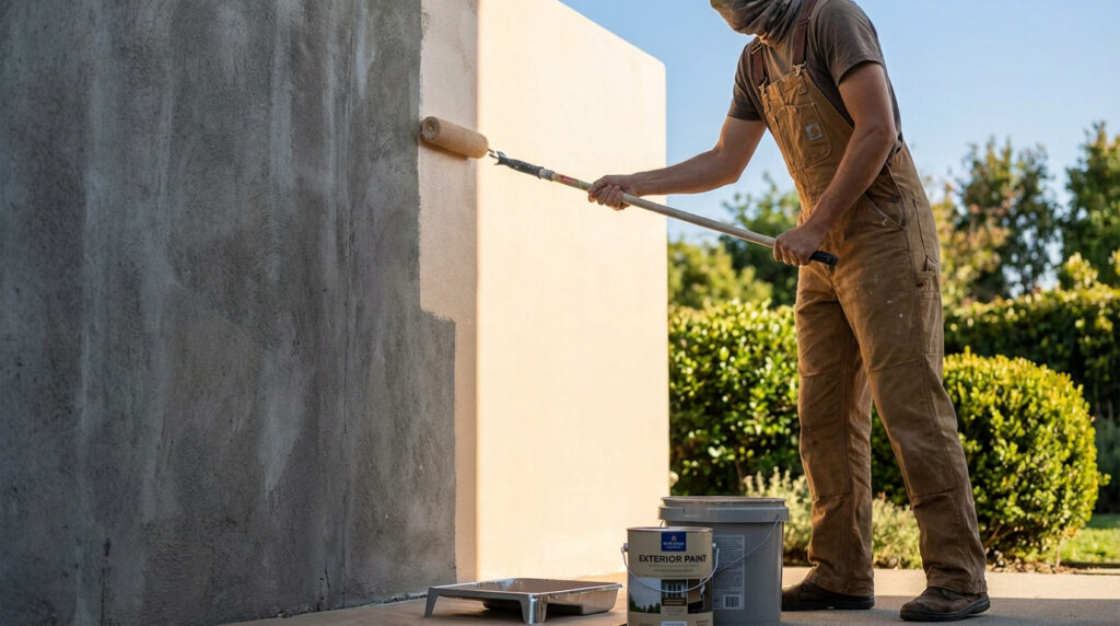 Un homme en salopette peint un mur extérieur en béton gris avec un rouleau, appliquant une peinture claire. Seau et bac à peinture visibles.