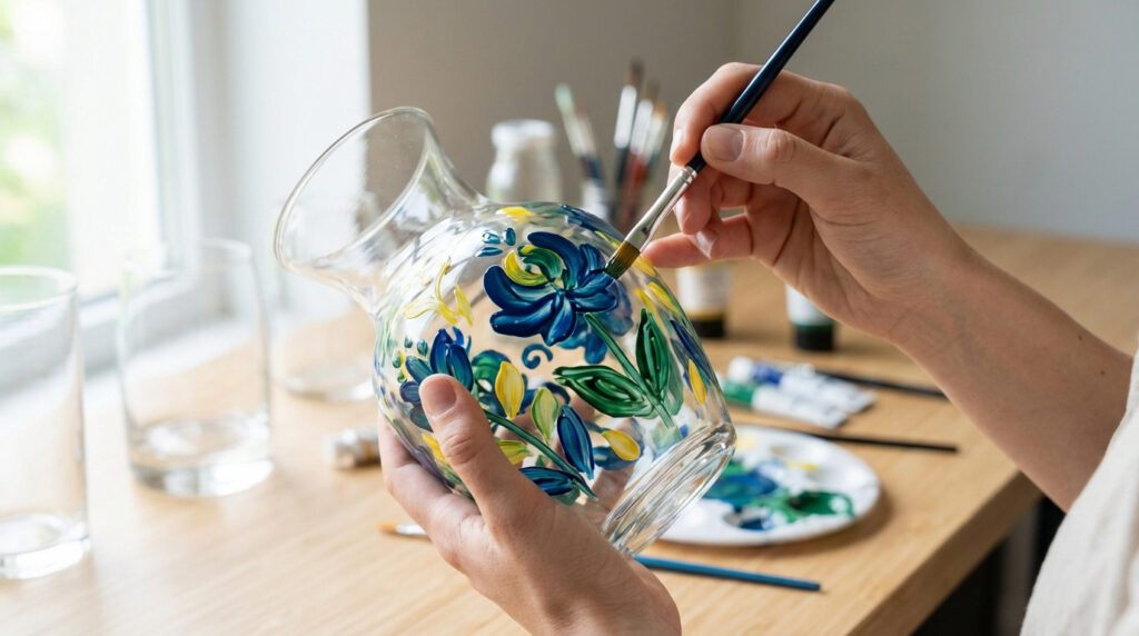 Mains peignant des motifs floraux bleus et jaunes sur un vase en verre transparent avec un pinceau, sur une table en bois.
