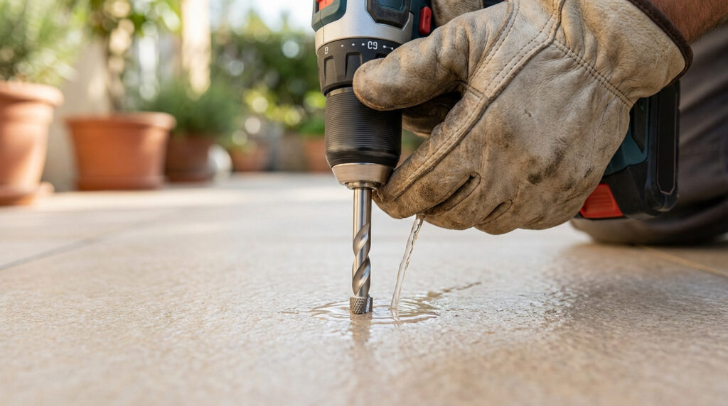 Gros plan sur une main gantée perçant une dalle de terrasse beige avec une perceuse, utilisant de l'eau pour le refroidissement.