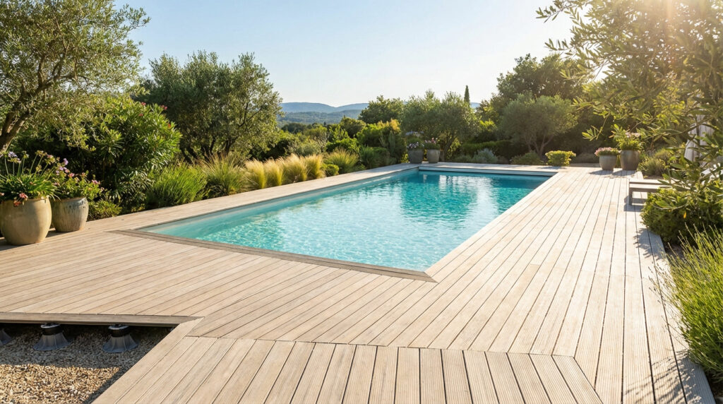 Magnifique piscine paysagée avec une terrasse en bois clair, entourée de verdure luxuriante et d'une vue sur les collines.