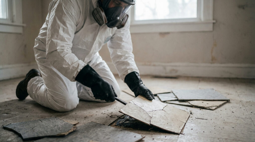 Personne en tenue de protection complète (combinaison, masque, gants) retirant des dalles de sol amiantées.
