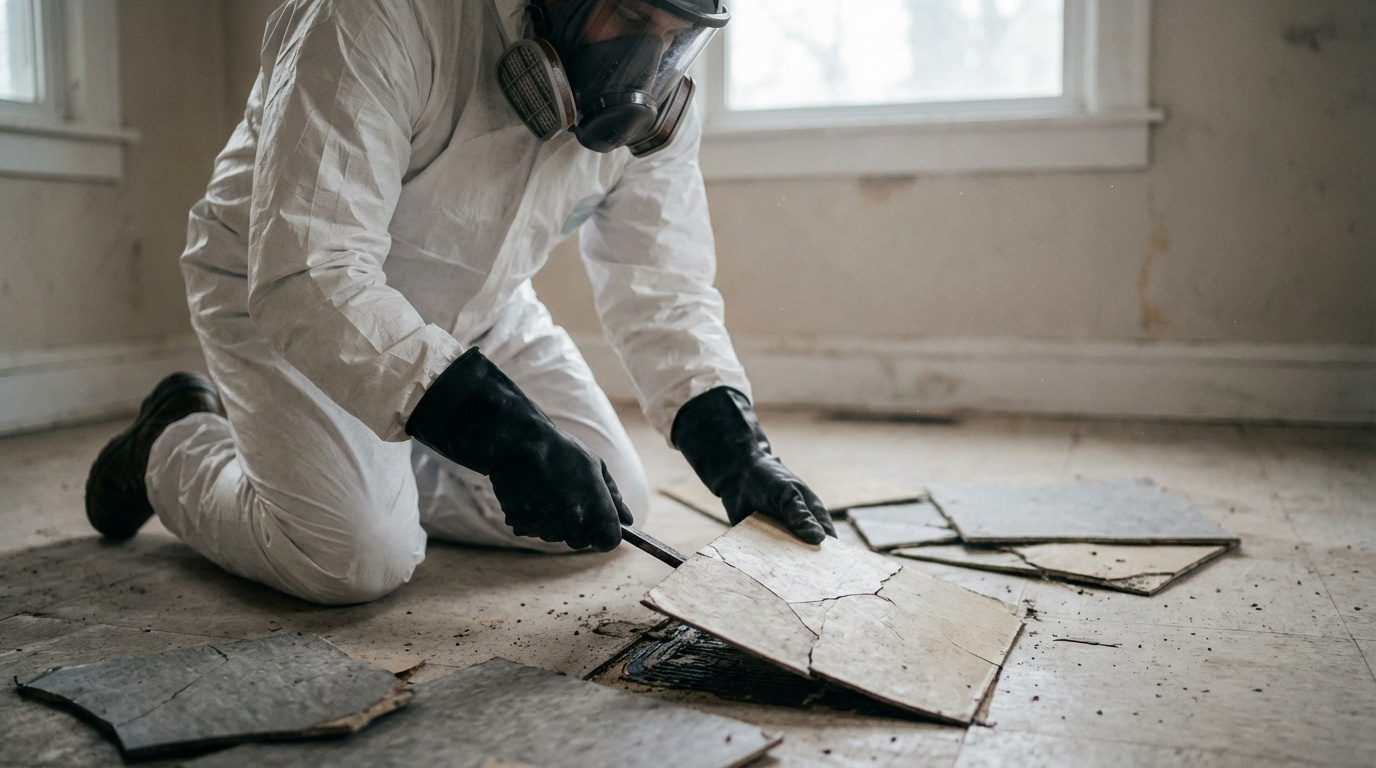 Personne en tenue de protection complète (combinaison, masque, gants) retirant des dalles de sol amiantées.