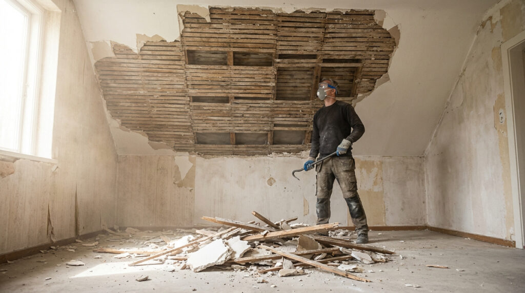 Un ouvrier avec masque et pied-de-biche devant un plafond en lattis partiellement démoli dans une pièce en rénovation, avec des débris au sol.