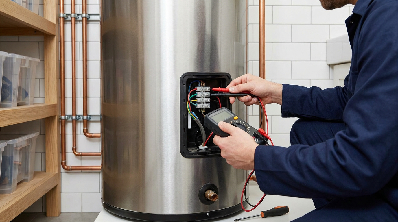 Technicien en salopette bleue vérifiant les connexions électriques d'un chauffe-eau avec un multimètre, câbles colorés visibles.