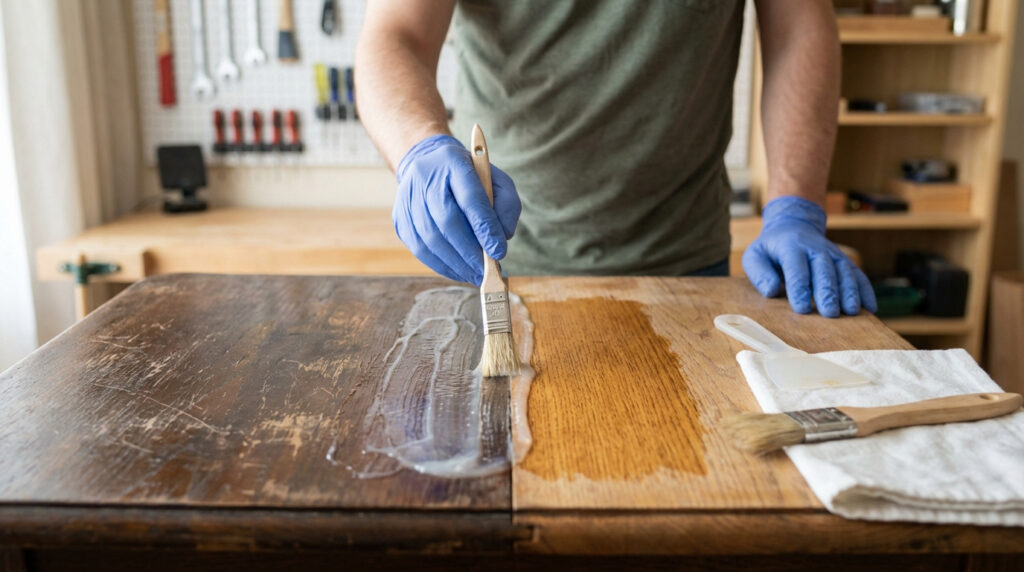 Personne gantée applique un décapant sur une table en bois vieillie, révélant le bois clair. Outils et atelier en arrière-plan.