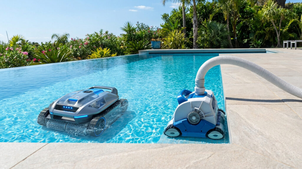 Deux robots nettoyeurs de piscine : un électrique subaquatique et un hydraulique avec tuyau, dans une piscine à débordement.