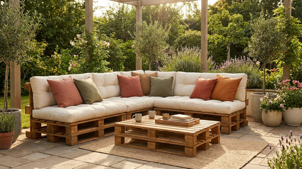 Salon de jardin en L fabriqué avec des palettes en bois, coussins moelleux crème et coussins déco colorés, sur une terrasse ensoleillée.