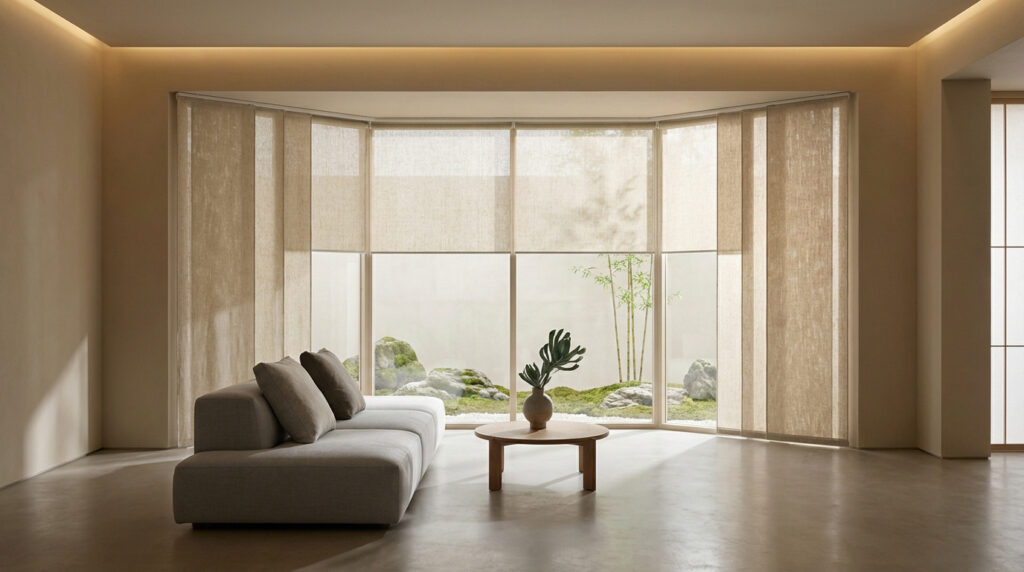 Salon zen avec baie vitrée et panneaux japonais beige clair, canapé gris minimaliste, table basse, jardin de pierres et bambous.