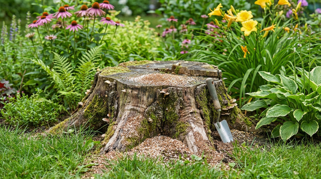 Une souche d'arbre traitée avec des granules et une pelle à main, entourée de végétation luxuriante et de fleurs colorées.