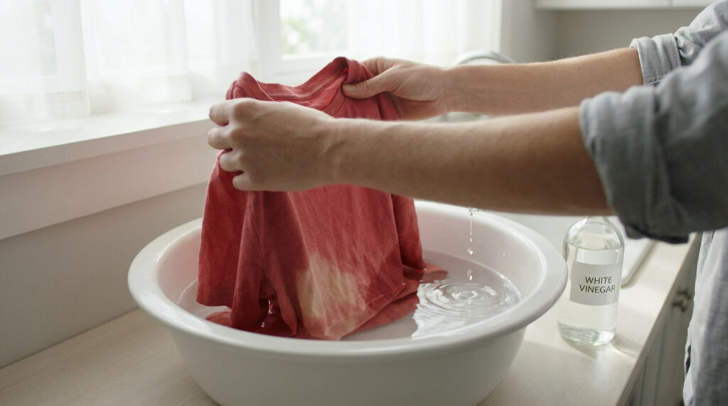 Des mains trempent un t-shirt rouge déteint dans une bassine d'eau, avec une bouteille de vinaigre blanc à côté.