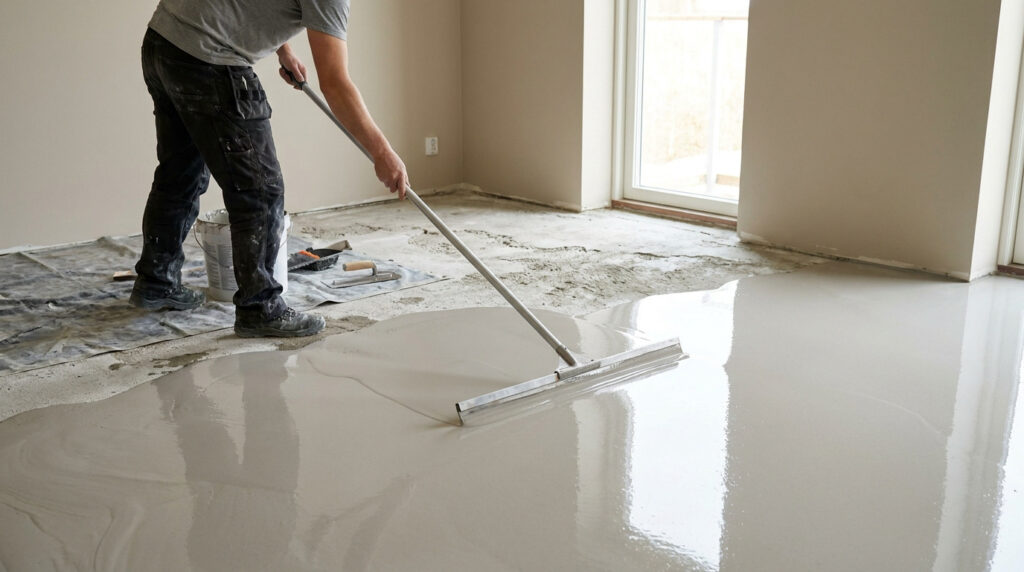 Un ouvrier étale une couche de ragréage gris liquide sur un sol, créant une surface lisse et réfléchissante.