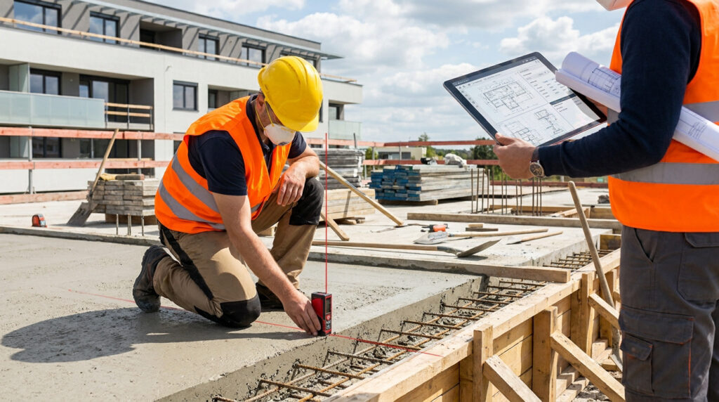 Deux ouvriers mesurent une dalle de béton sur un chantier. L'un utilise un télémètre laser, l'autre des plans numériques.