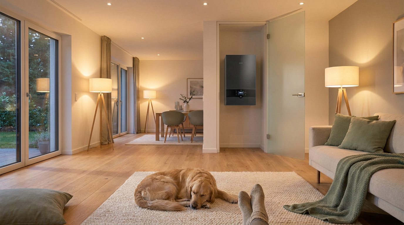 Salon moderne et confortable avec chien endormi, pieds sur un tapis et chaudière murale électrique noire.