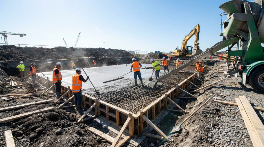 Chantier de coulage de béton : des ouvriers avec camion-toupie préparent une fondation solide sous un ciel ensoleillé.