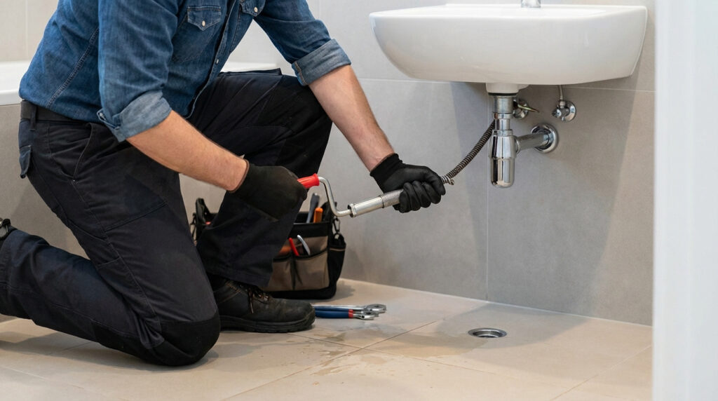 Un homme agenouillé débouche un lavabo avec un furet. Il porte des gants, une chemise en jean et un pantalon de travail.