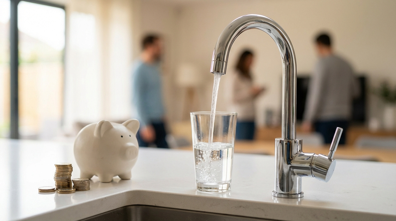 Un robinet verse de l'eau dans un verre à côté d'une tirelire et de pièces, suggérant l'économie d'eau pour un foyer de trois personnes.