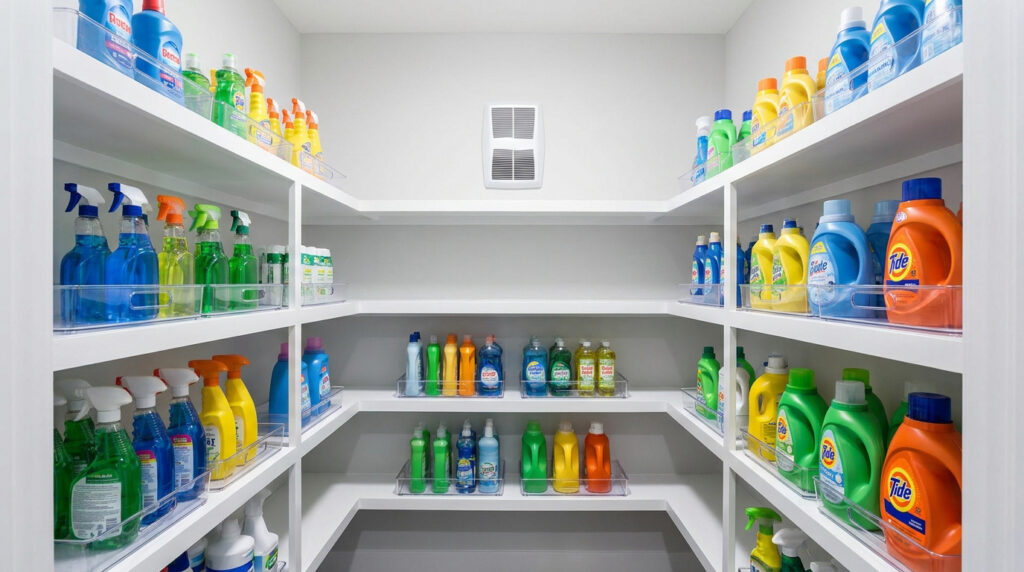 Un grand placard blanc rempli de bouteilles de produits d'entretien colorés, organisées dans des bacs transparents sur des étagères.