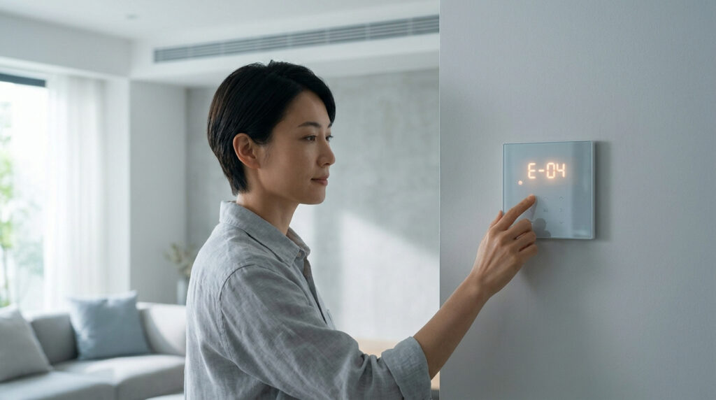 Une femme appuie sur un thermostat affichant le code erreur E-04, dans un salon moderne. Elle semble résoudre un problème.