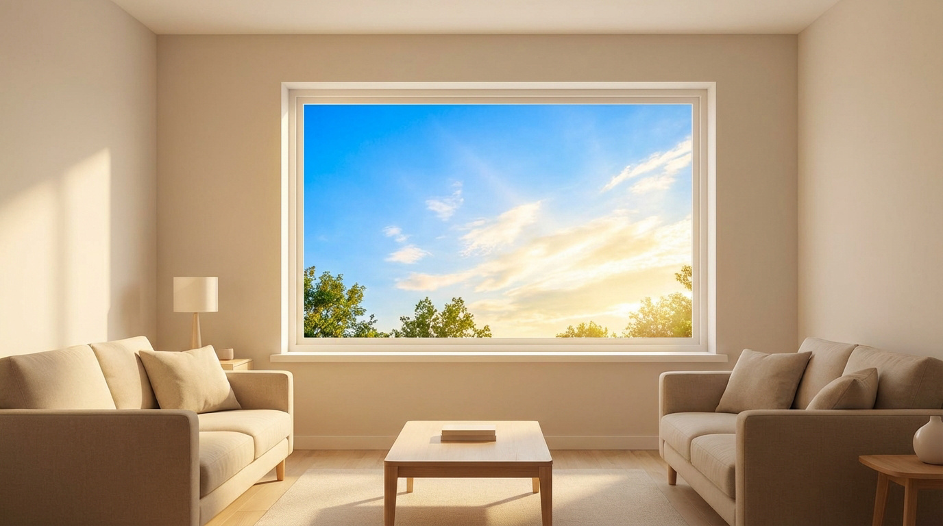 Vue d'un salon moderne et épuré avec une grande fenêtre lumineuse ouverte sur un ciel bleu et des arbres verdoyants.