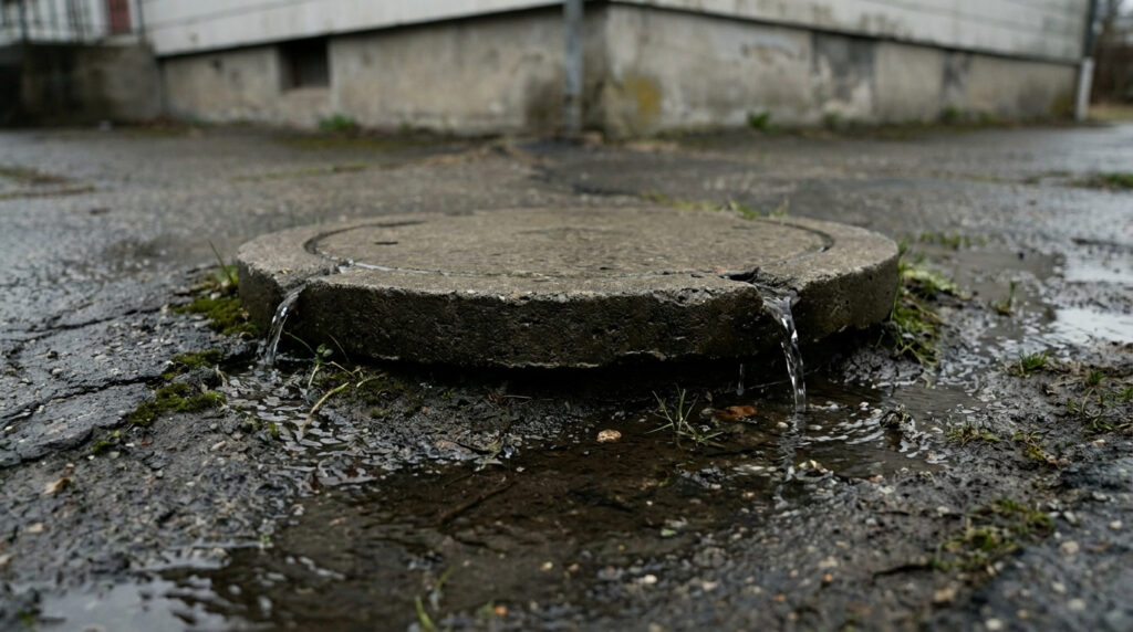 Un regard pluvial en béton fuit, l'eau s'écoule sur un sol goudronné fissuré et humide, avec de la mousse. Un bâtiment en arrière-plan.