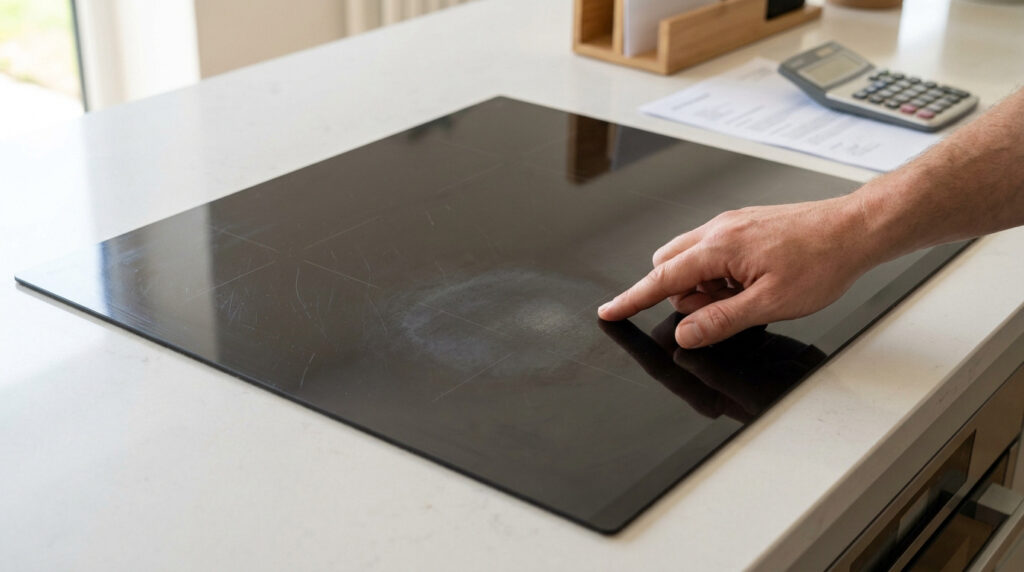 Main d'homme pointant du doigt les nombreuses rayures et marques d'usure sur une plaque de cuisson à induction noire dans une cuisine moderne. Une calculatrice et des papiers sont en arrière-plan.