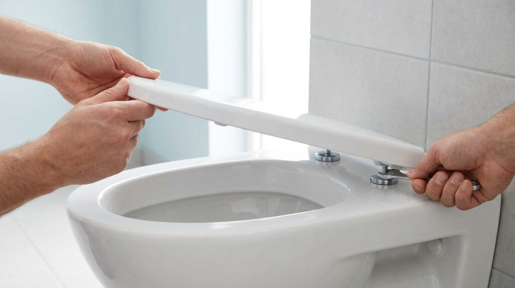 Deux mains remplacent un abattant de WC blanc sur une cuvette en céramique, utilisant une clé pour fixer la charnière.