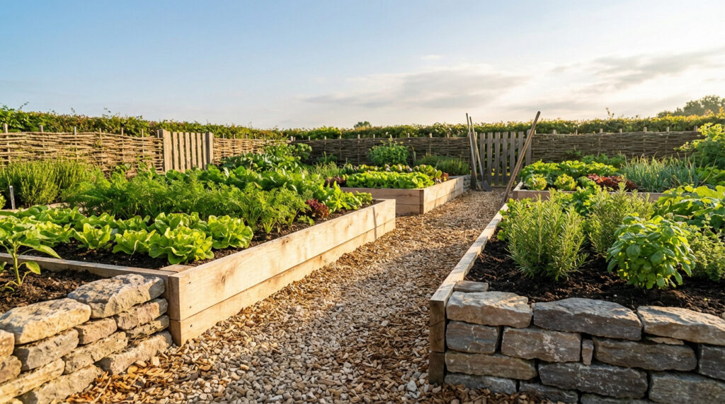 Jardin potager bien organisé avec des carrés de culture surélevés en bois et pierre, allées de gravier et une clôture en osier.