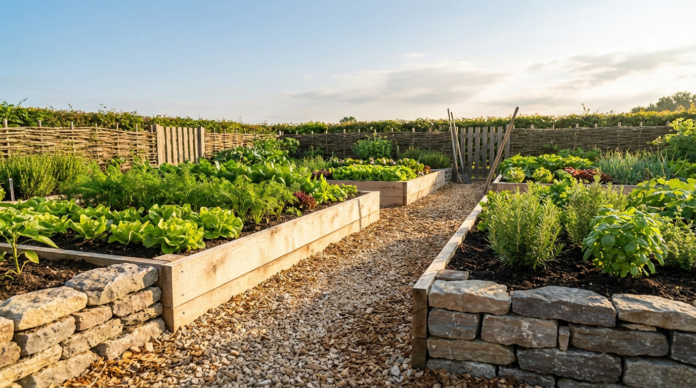Jardin potager bien organisé avec des carrés de culture surélevés en bois et pierre, allées de gravier et une clôture en osier.