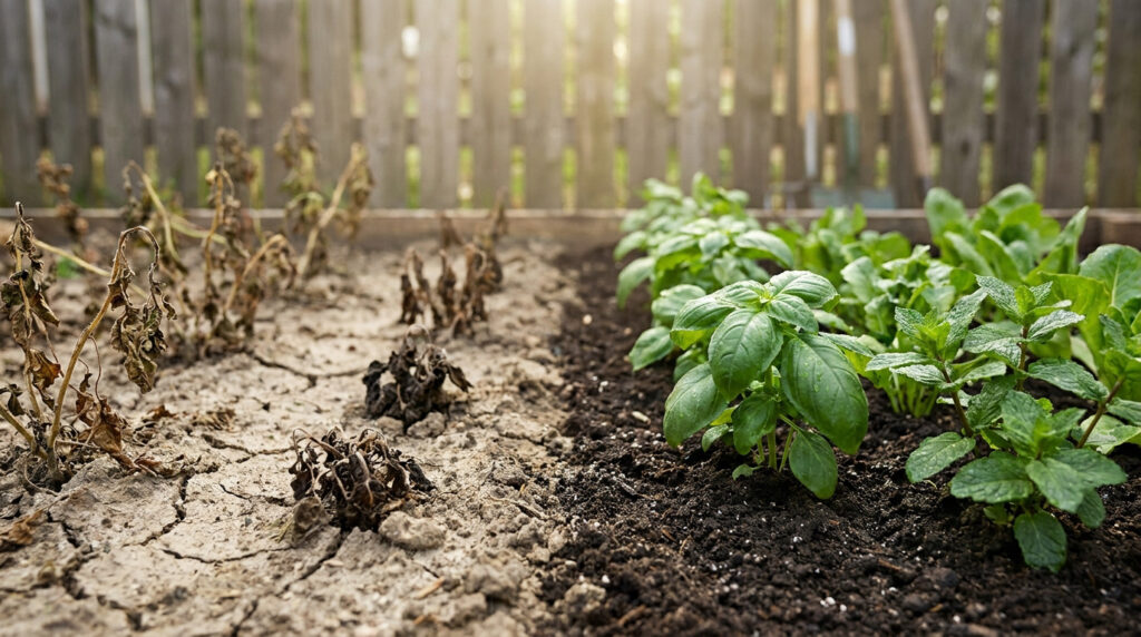 Jardin séparé : plantes vertes luxuriantes à droite, plantes mortes et terre craquelée à gauche, montrant un effet toxique.