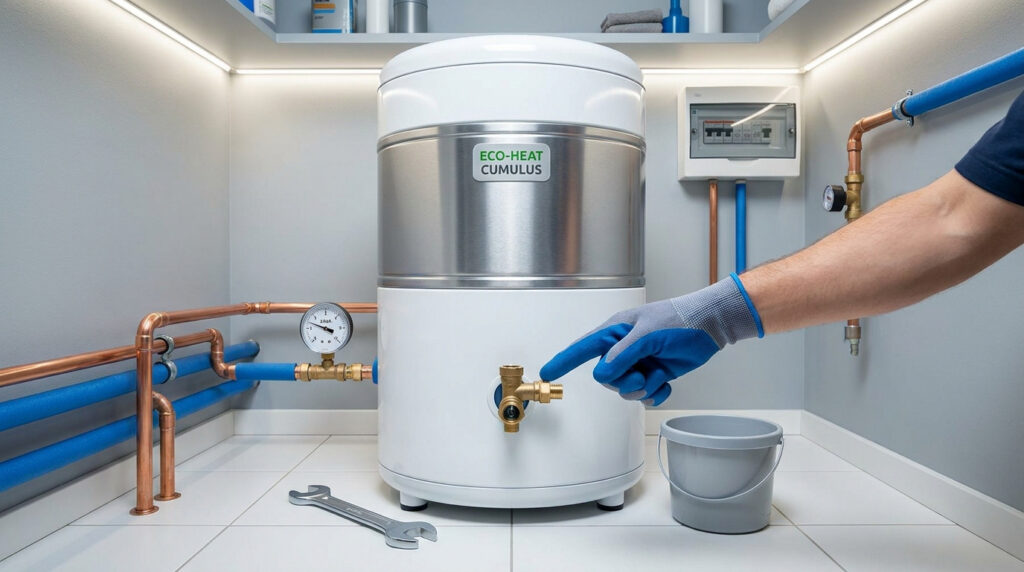 Une main gantée pointe un robinet sur un cumulus ECO-HEAT blanc et argenté, entouré de tuyauterie en cuivre, avec outils et panneau électrique.