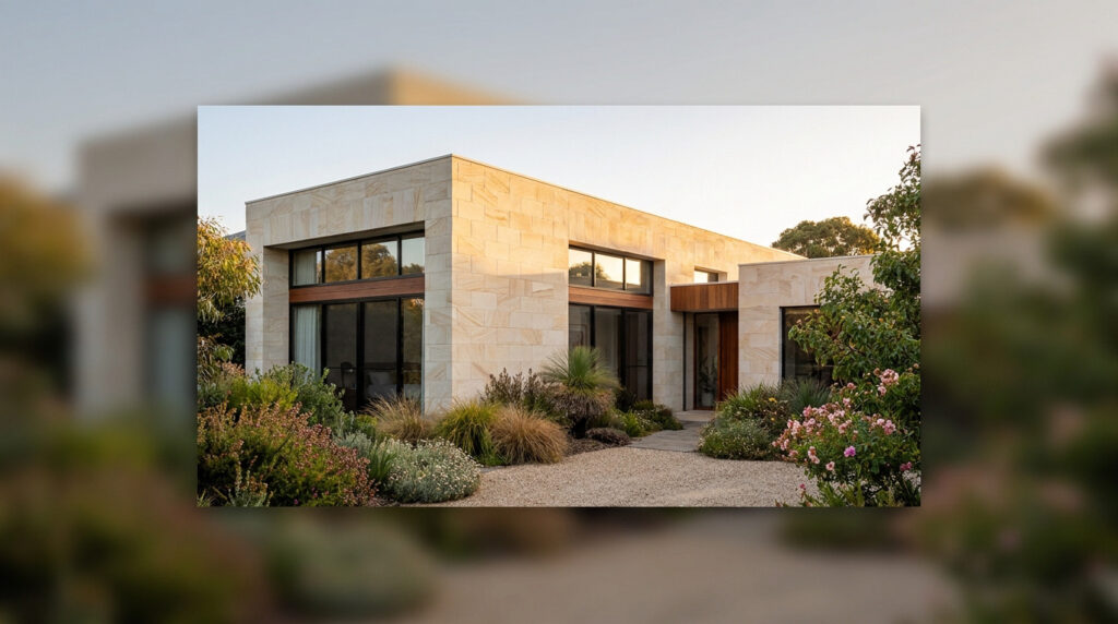 Vue extérieure d'une maison moderne en pierre calcaire beige avec toit plat, grandes baies vitrées et un jardin méditerranéen en premier plan.