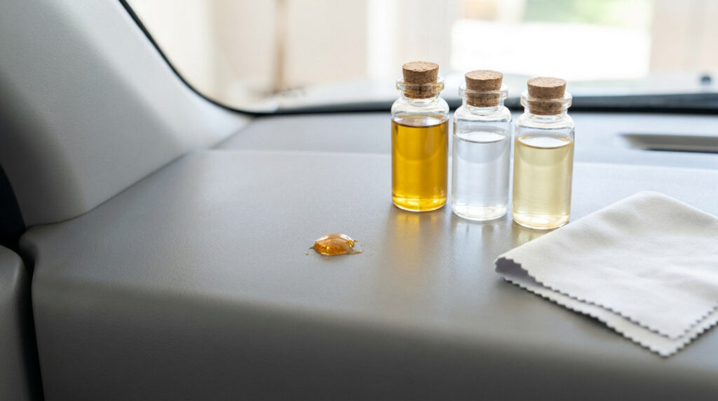 Goutte de résine ambrée sur surface plastique grise, à côté de trois petites bouteilles de liquides et un chiffon blanc.
