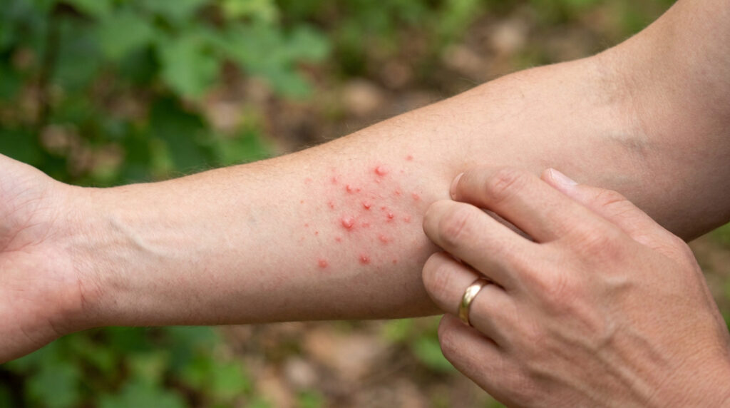Gros plan sur un bras couvert de piqûres rouges et boursouflées, typiques des aoûtats. Une main gratte la peau irritée.