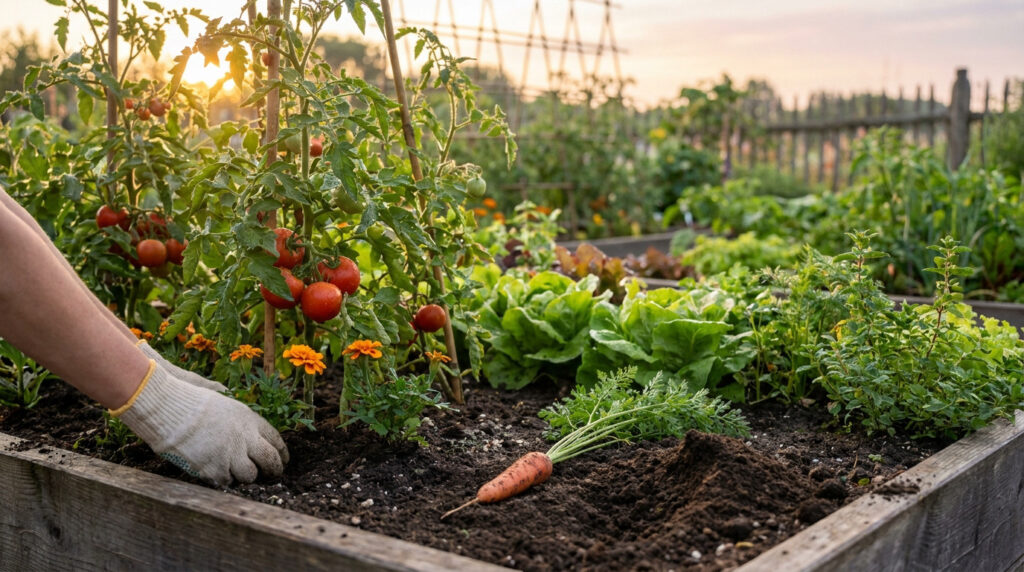 Des mains gantées travaillent dans un potager en carré avec des tomates rouges mûres, de la laitue et une carotte fraîchement récoltée, sous un soleil couchant.