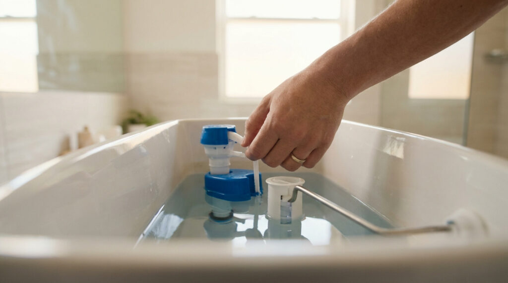Une main ajuste le mécanisme de chasse d'eau bleu et blanc dans le réservoir des toilettes, immergé dans l'eau.