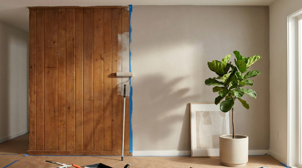 Mur lambrissé en bois en cours de peinture claire avec un rouleau. Le sol est protégé, et une plante décorative orne la partie déjà peinte.