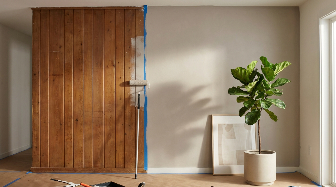 Mur lambrissé en bois en cours de peinture claire avec un rouleau. Le sol est protégé, et une plante décorative orne la partie déjà peinte.