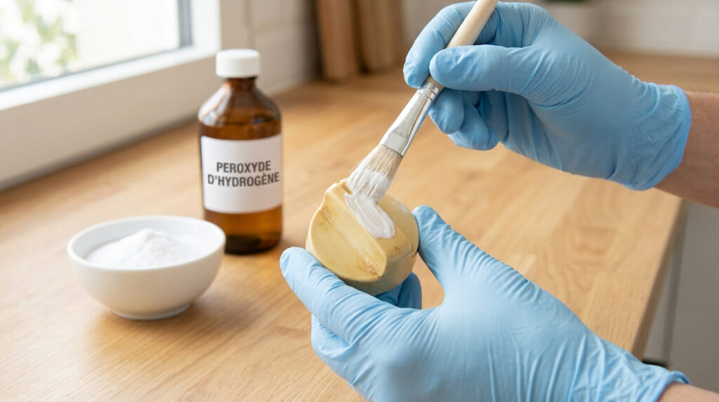 Mains gantées appliquant une pâte blanche sur du plastique jauni avec un pinceau, près d'une bouteille de peroxyde d'hydrogène et un bol de poudre.