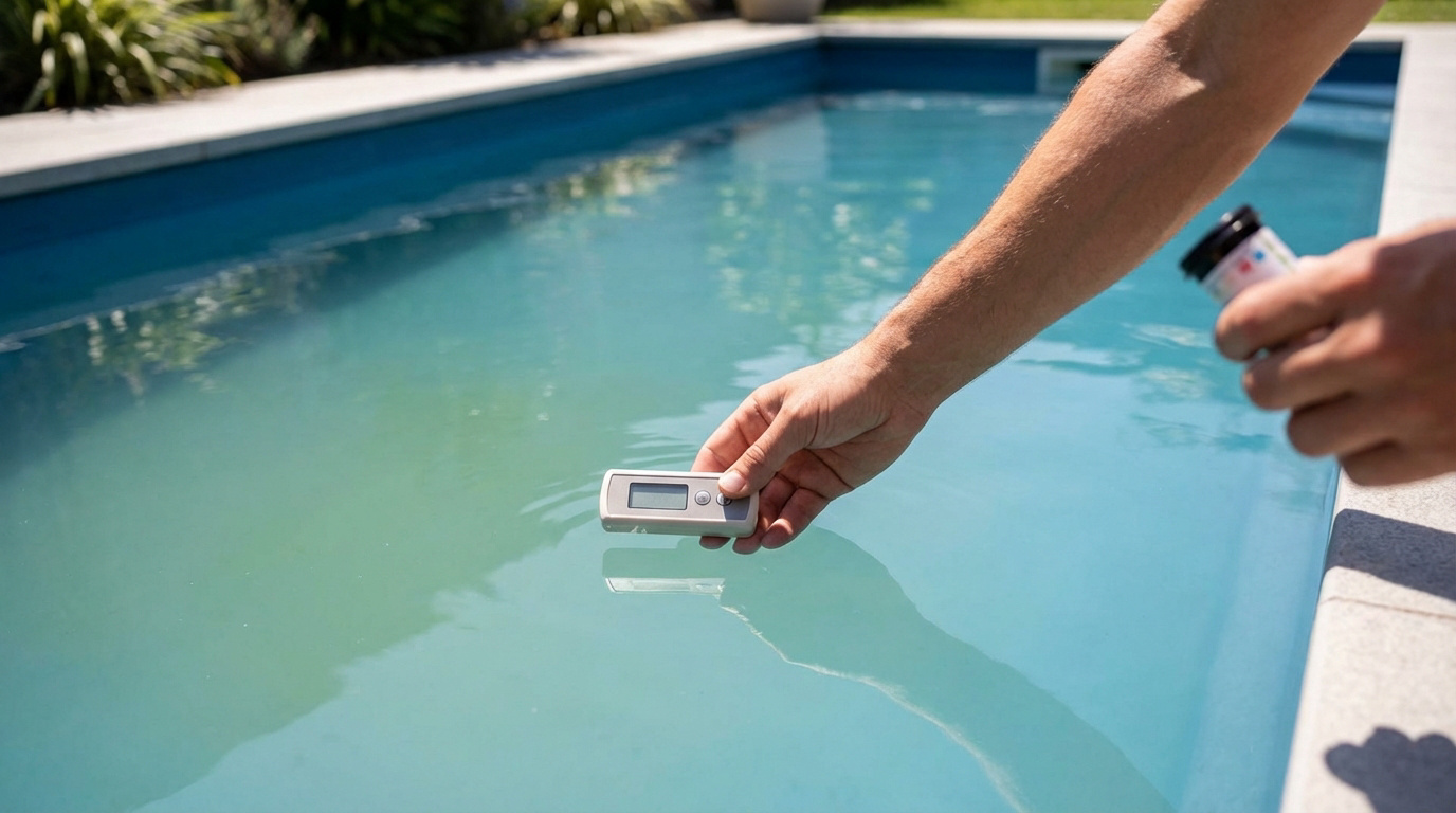 Une personne mesure la qualité de l'eau trouble et verdâtre d'une piscine avec un testeur électronique et des bandelettes.