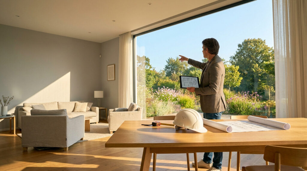 Un architecte pointe du doigt une grande fenêtre, tenant une tablette avec des plans. Casque et plans sur la table.