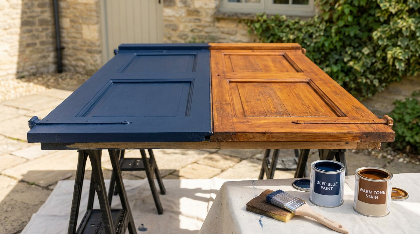 Deux volets en bois, l'un peint en bleu marine, l'autre lasuré ton bois, posés sur des tréteaux. Pot de peinture et de lasure au sol.