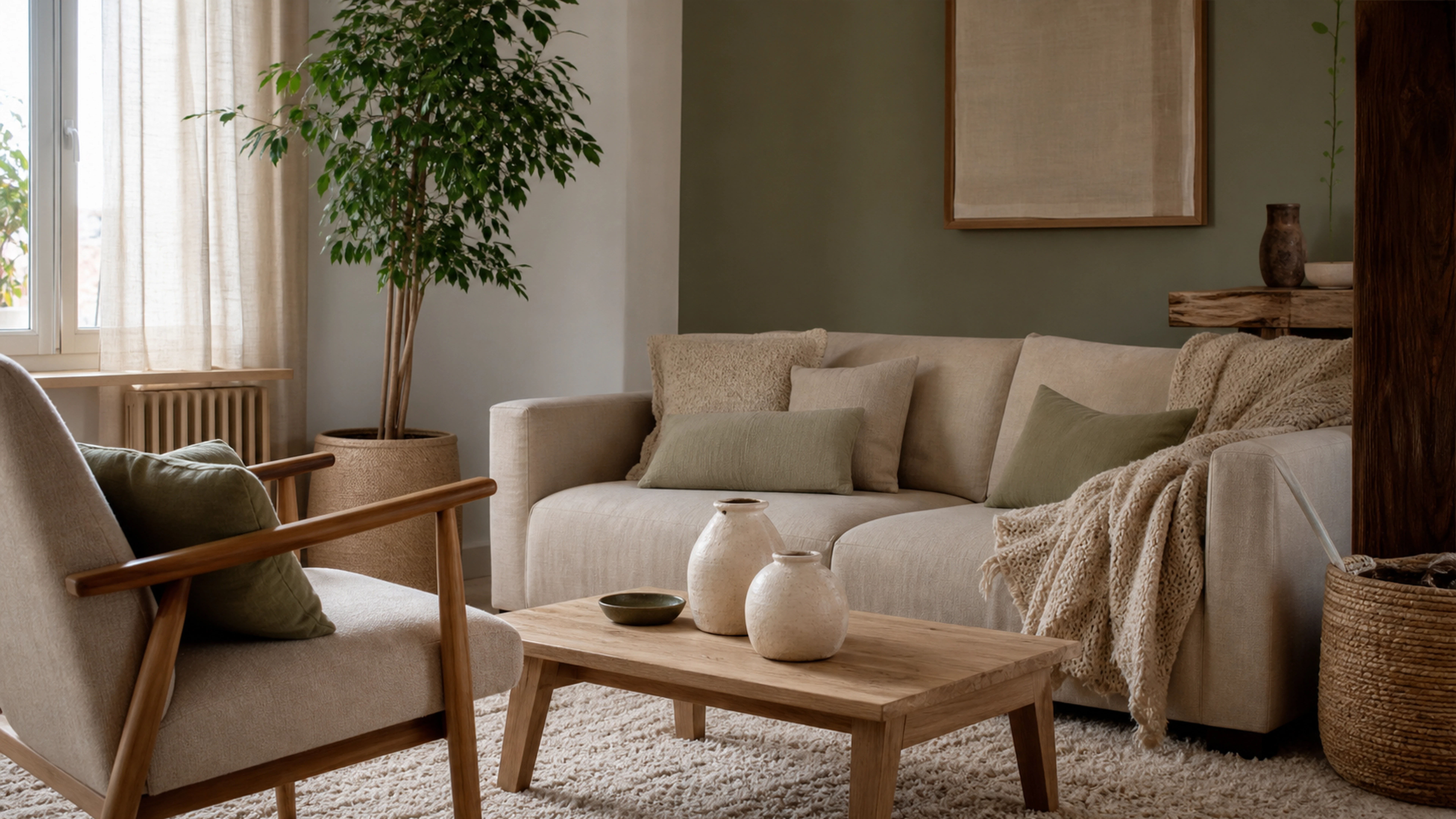 Salon lumineux aménagé en espace de détente avec bois clair, textiles et plantes